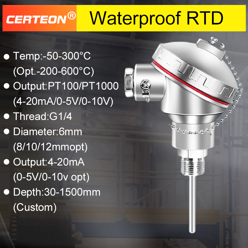 Waterproof RTD Sensor PT100 Temperature Probe Industrial High Precision Integrated Stainless Steel Threaded Temperature