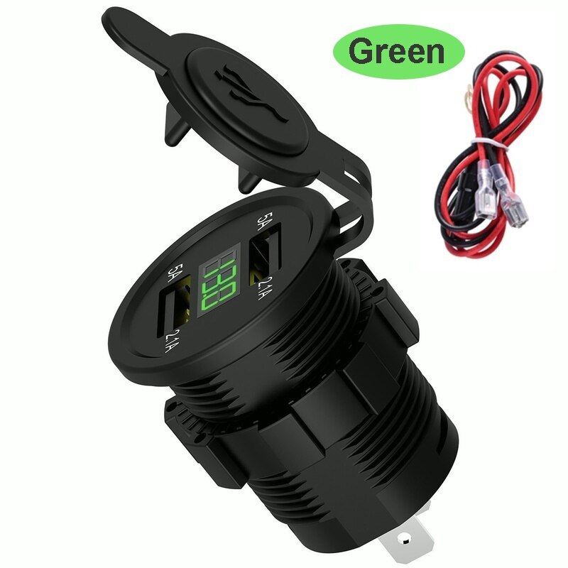 Dual USB charger socket adapter LED display with dust cover power socket car motorcycle (output 5V2.1A / input 12V24V): green