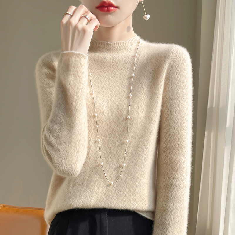 100%  damegenser i merinoull med halvhøy hals, ensfarget strikket hul genser til dame med lange ermer, sommertynn pullover: M / Beige