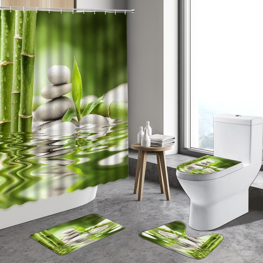 4pcs Zen Stone Shower Curtain Green Bamboo Orchid Flower Plants Anti-Slip Bath Mats Toilet Lid Cover Bathroom Decor Carpet Rugs: 7393J -4pcs set