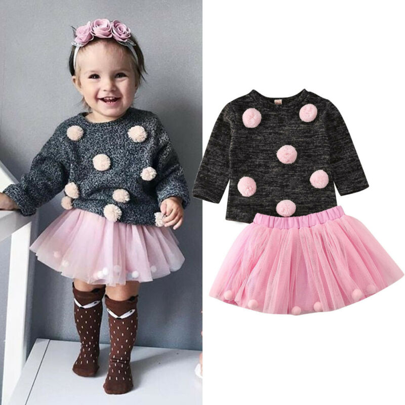 Roupas infantis 1-4 anos, roupas para crianças, meninas, bebês, outono e inverno, conjunto de roupas de criança, camisola de malha com bola de cabelo, tops + saia tutu roupas para meninas