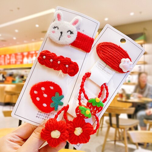 Newest 1set Winter Girls Cartoon Fruit Cashmere Faux Fur Soft Hairpins Sweet Children Hair Clips Kid Hair Accessories: red rabbit-8 Pcs