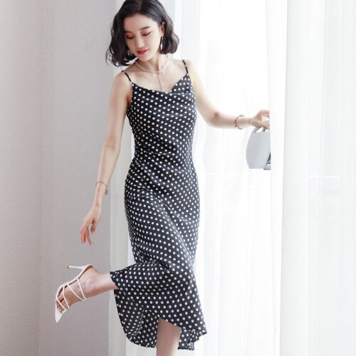 Wave Point Print Dress Women Black Spaghetti Strap Long Slim Women Full Slips Underdress: L