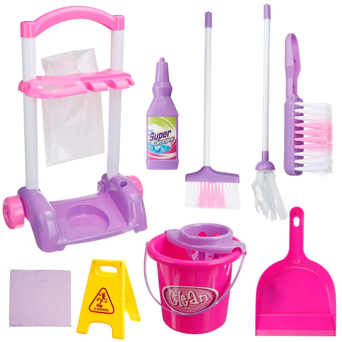 Children Kids Pretend Play Housekeeping Toys Simulation Cleaning Tools Kit Sweeping Mop Brush Trolley Cleaning Toys Set