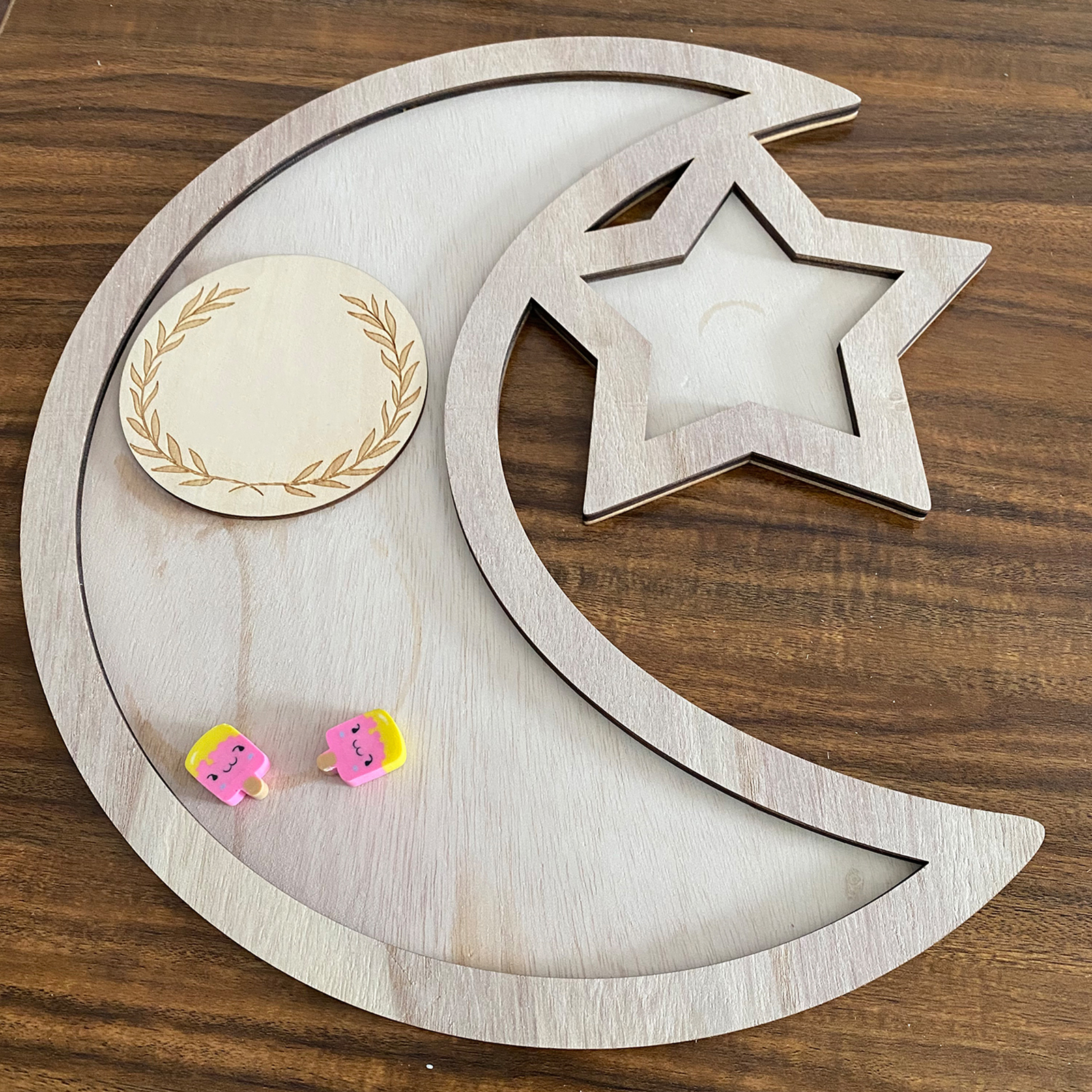 Bandeja de frutas de madera, bandeja para servir comida con forma de luna y estrella, decoración de mesa islámica, decoración del hogar de Ramadán para cena familiar, suministros de cocina