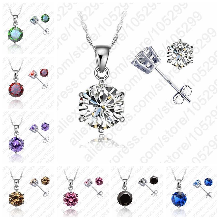 Classic 8 Colors Cubic Zirconia Genuine 925 Sterling Silver Jewelry Sets 6 Claws Stud Earring Pendant Necklace 18" Chain