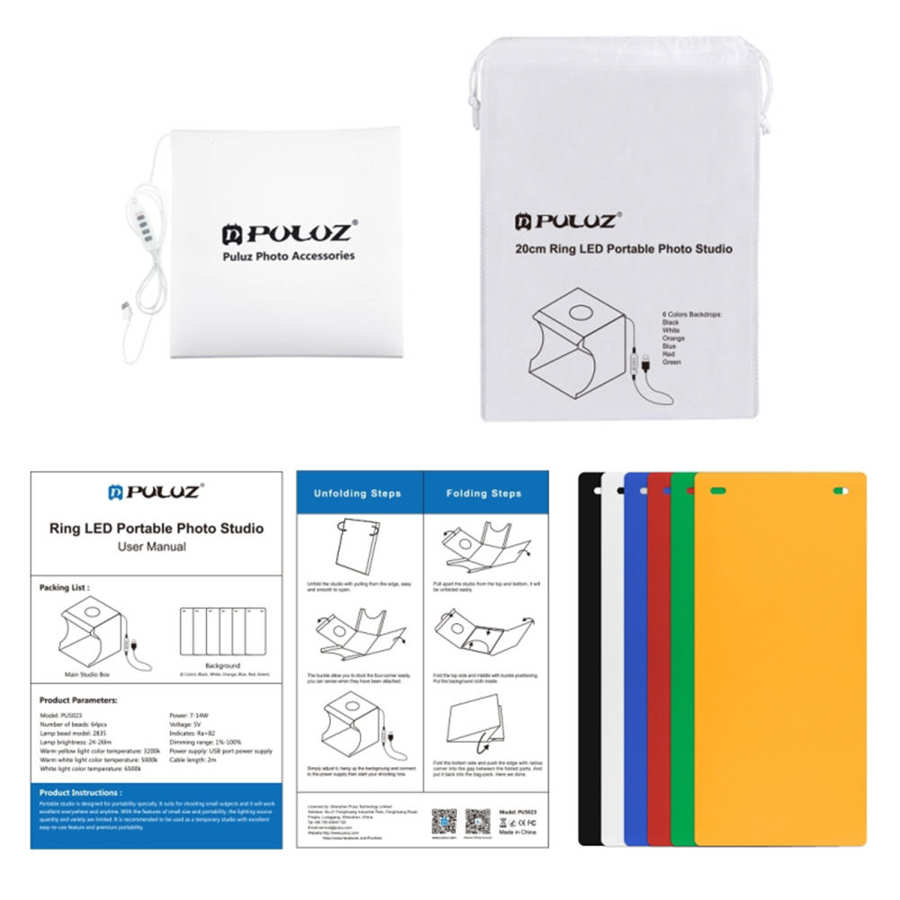 PULUZ PU5023 caixa de luz Portátil Dobrável LEVOU Anel de Luz Photostudio para Pequenas-Escala mini estúdio de Fotografia Photo Studio 6 cor