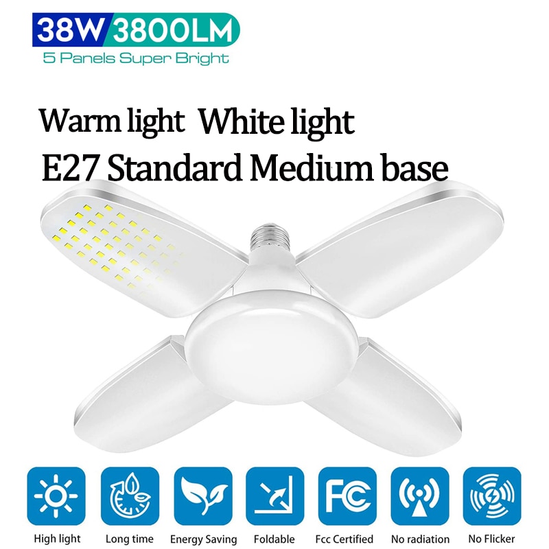 Foldable LED Garage Lights 38W E27 Deformable Led Garage Lights 3800LM Led Garage Ceiling Lights Industrial Lighting Bulbs