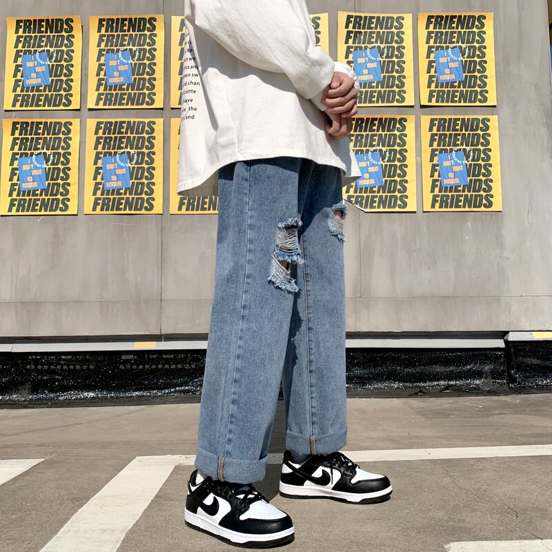 Spring Summer Blue Ripped Jeans Men Casual Straight Jeans Men Streetwear Loose Hip Hop Hole Denim Pants Mens Trousers