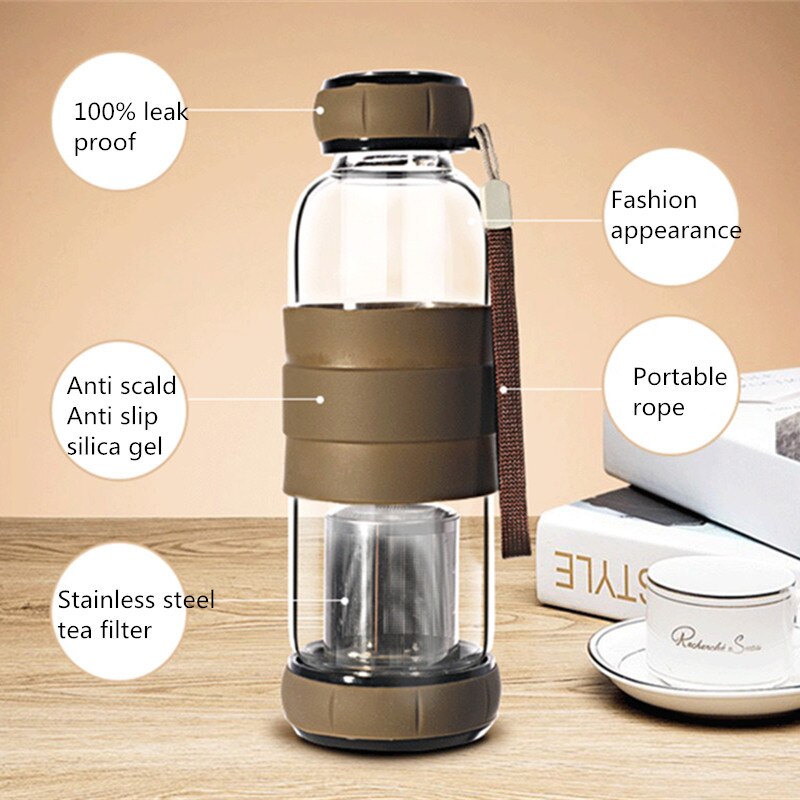 420ml ma cruche d'eau couvercle de citrouille bouteille d'eau en verre avec infuseur à thé Communication bidirectionnelle Anti-brûlure bouteille extérieure