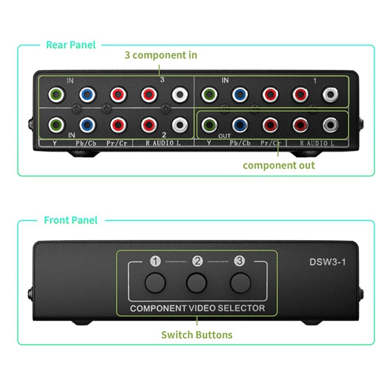 3-Way RGB Component AV Switch Video Audio Selector 3 in 1 Output Ypbpr Component RGB Switcher Box for TV 360 Wii DVD