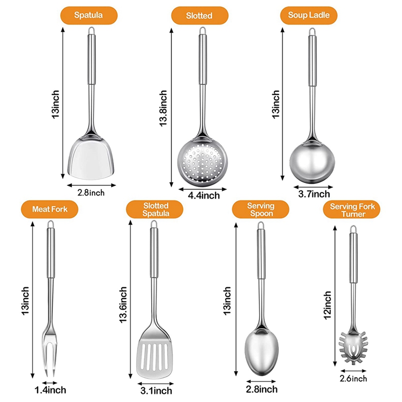 7 Pieces Stainless Steel Kitchen Utensils Set Cooking Utensils Set Includes Slotted Spoon Soup Ladle Serving Spoon Fork