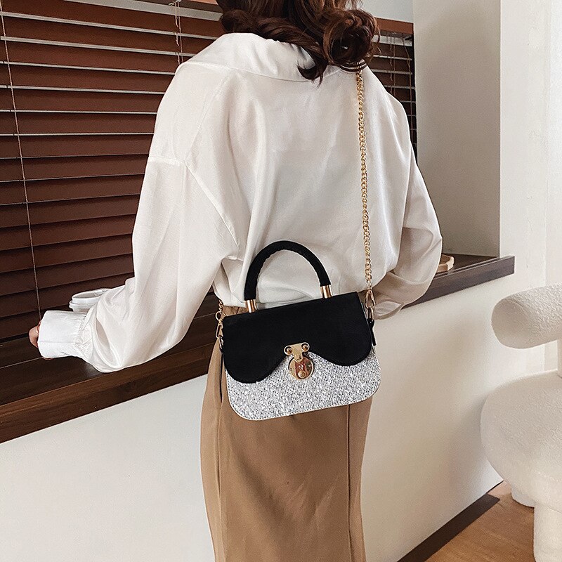 Luxury Handbags Black Flap Women Shoulder Bags Sliver Glitter Female Messenger Bags Ladies Hand Bags Purse JD01241