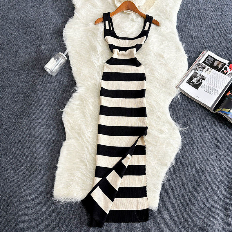 Stribet sommer elastisk split bodycon kjole sexet strandferie sommerkjole kvinder afslappet slank blyant vestidos maxi lang kjole: Sort
