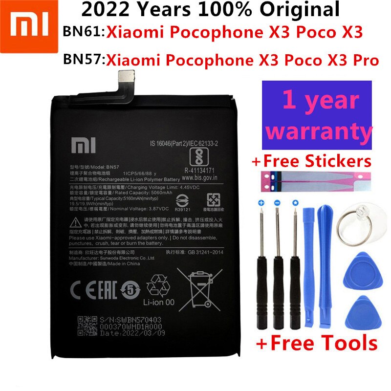 Xiao – batterie de téléphone d&#39;origine mi BN57 BN61, 2022 mAh, 100% 6000, pour Xiaomi Pocophone X3 Poco X3 Pro, Batteries de remplacement + outil