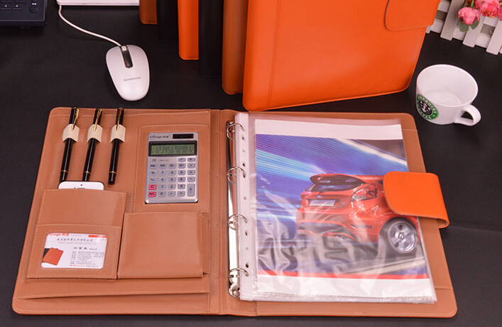 Classeur à anneaux a4 en cuir PU avec classeur-orange/marron/noir