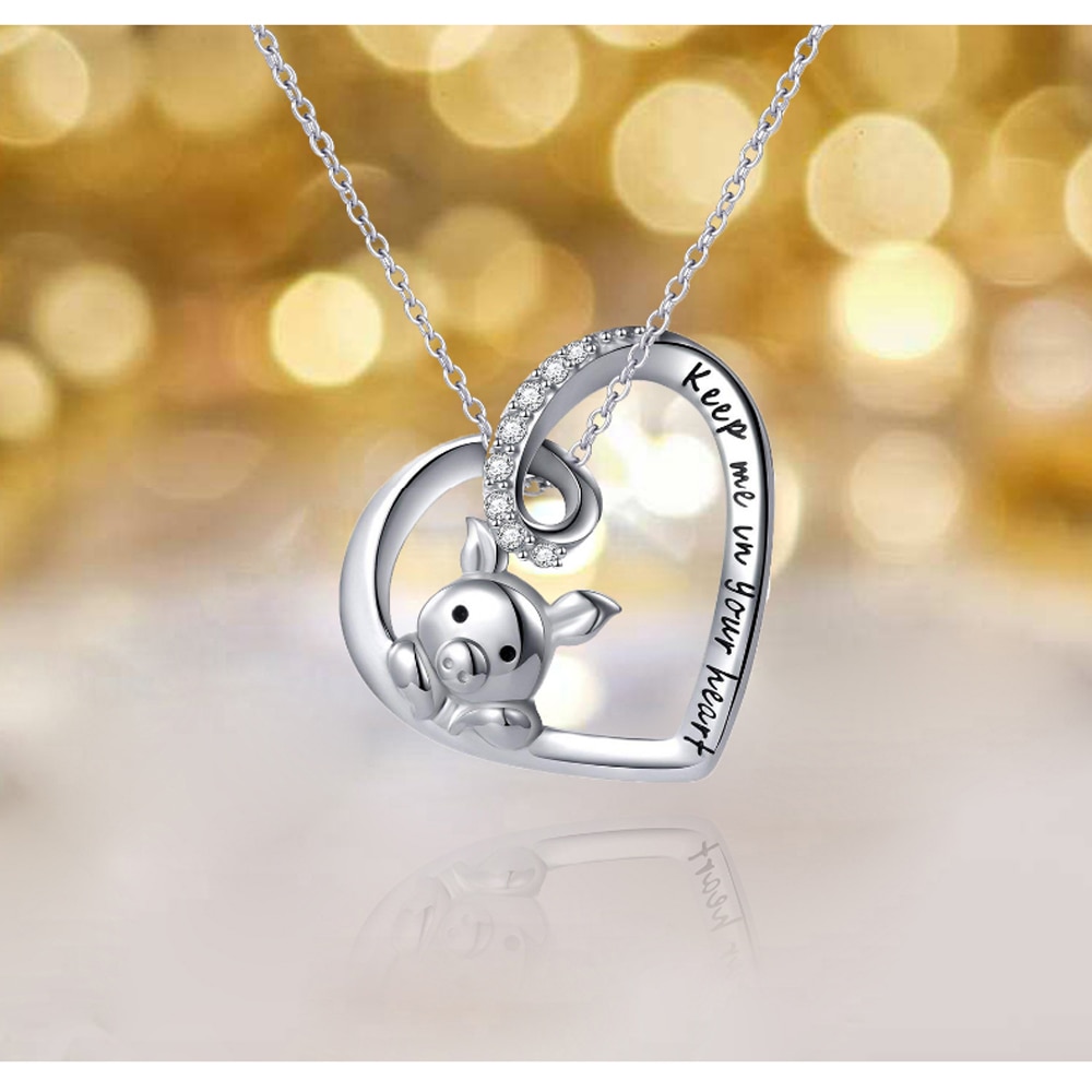 Women Copper plated silver Pig Pendant Necklace Piggy Jewelry Cute Hollow Heart Engraved"Keep Me in Your Heart" for Women Girls