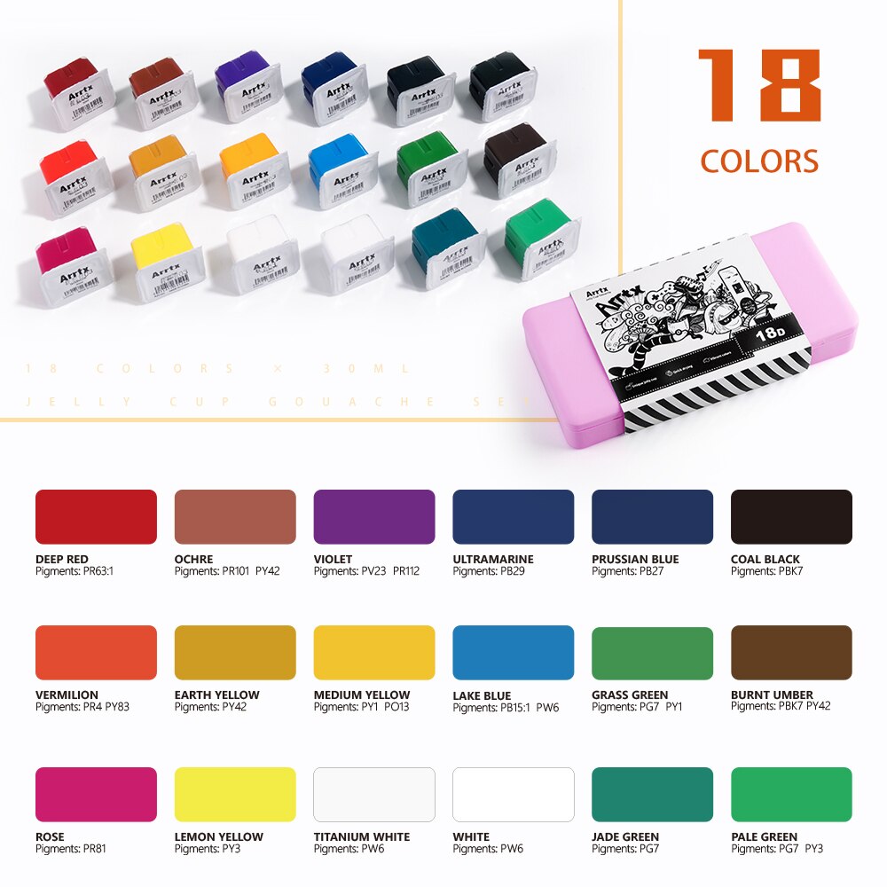 Arrtx 18 Colors Gouache Paint Sets 30ml Cute Jelly Cup Suitable for Hobbyist Artists Paint with Watercolor Paper Pad
