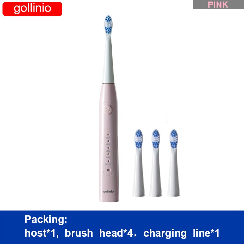 Gollinio-cepillo de dientes eléctrico recargable por Usb, dispositivo dental electrónico de carga rápida GL09A, cabezal de repuesto sónico, resistente al agua, xp7: GL09PINK4H-H