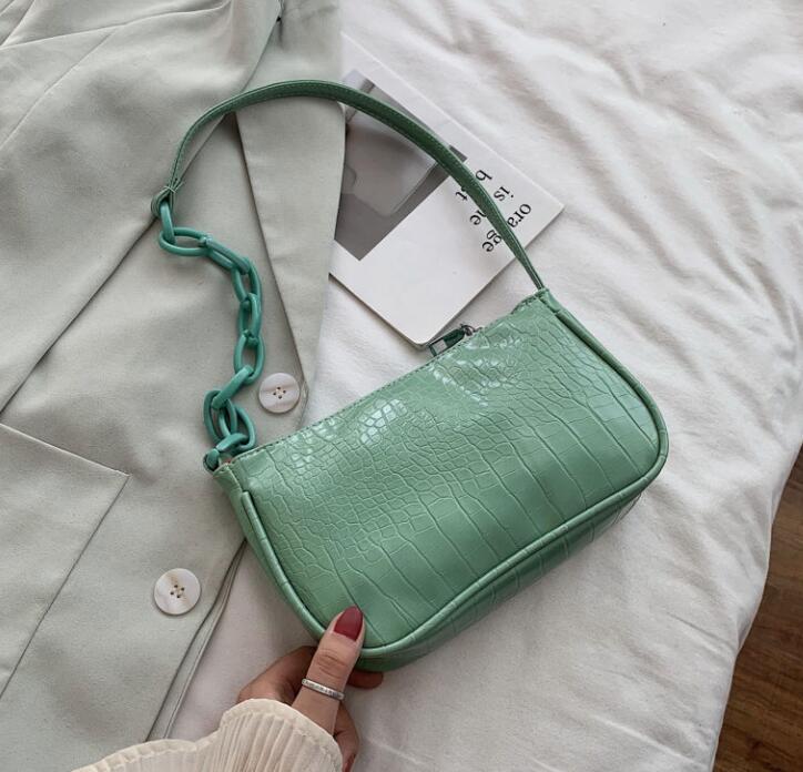 Krokodille mønster baguette håndtaske til kvinder slik farve kæde damer små skuldertasker læder armhule taske: Grøn
