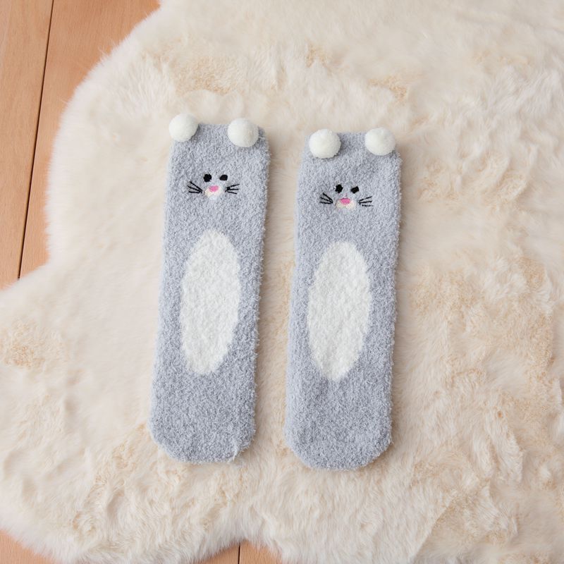 Winter Soft Coral Fleece Women Thigh High Socks Cute Cartoon Animals Panda Cat Bear Over Knee High Ladies Girls Long Socks Home: style 2 gray