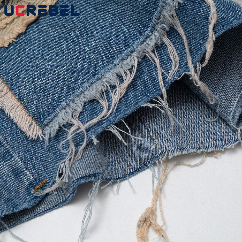 Pantalones cortos vaqueros rasgados de retazos para hombre, Shorts hasta la rodilla con cintura elástica, ropa de calle, pantalones sueltos con paneles de contraste