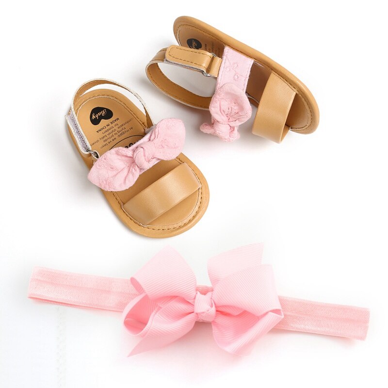 Baby Mädchen Bogen Sandalen PU Prinzessin Weichen Boden Schuhe Mädchen Baby Kleinkind Sandalen mit Weiß Rosa Stirnband Zwei-stück einstellen: P / 0-6 Monate