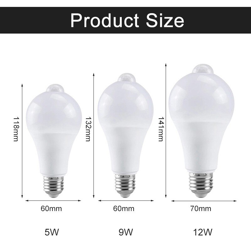 E27 5W 9W 12W LED Night light Bulb Smart PIR Motion Sensor lamp AC110V-220V For Stair Toilet Porch Garage Balcony Bathroom