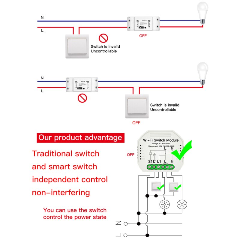 1/2/4 Pcs Hidden Smart Switch Smart Life/Tuya APP 1/2 Way 90-250V WiFi Switch Module With Alexa Google Home Smart Home