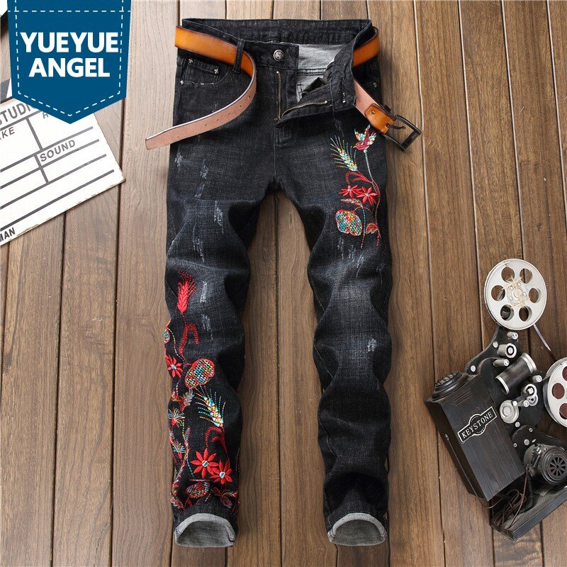 Pantalones vaqueros ajustados con bordado de flores para hombre, Vaqueros clásicos con cremallera rasgada, color negro