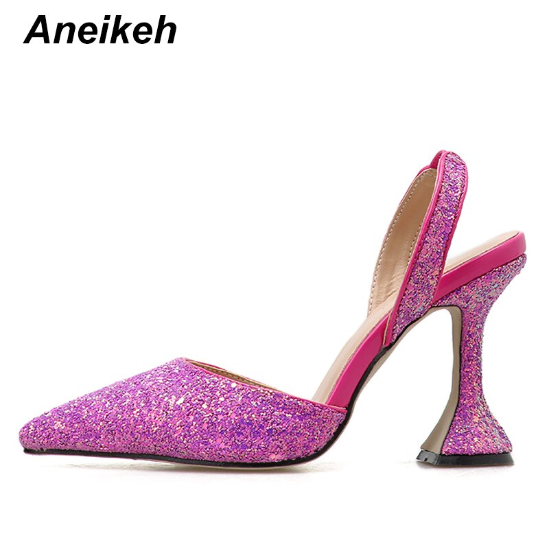 Aneikeh Glisten Sequins Women Pumps Pointed Toe High Heels Weeding Shoes Spike Heel Slingback Ladies Pumps