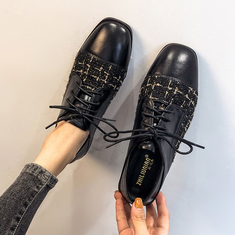 Preppy Girls oxford shoes for women lace up flats square toe loafers derbies plaid patchwork small leather shoes woman34-43