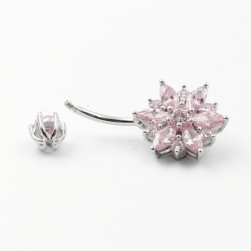 HelloLook 925 Sterling Silber Bauch durchbohren Geschmack Bar Ring Rosa Blume CZ Nabel durchbohren Schmuck Sommer Romantische