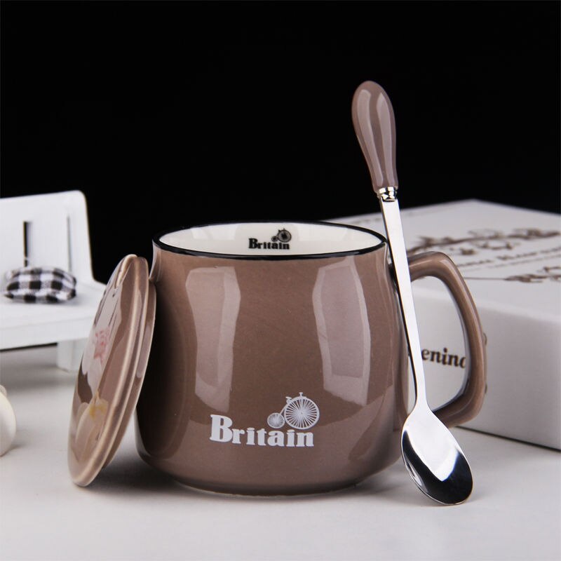 400ml Color Cartoon Ceramics Mug With Spoon Heat Resistant Coffee Milk Tea Mugs Breakfast Cup Drinkware Novelty: brown