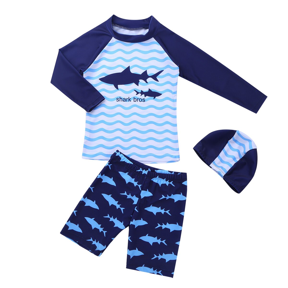 Oyolan 3 Stuks Kinderen Jongens Tankini Lange Mouwen Shark Patroon Badpak Set Tops Met Bodems Badmuts Set Badmode Badpak pak: M