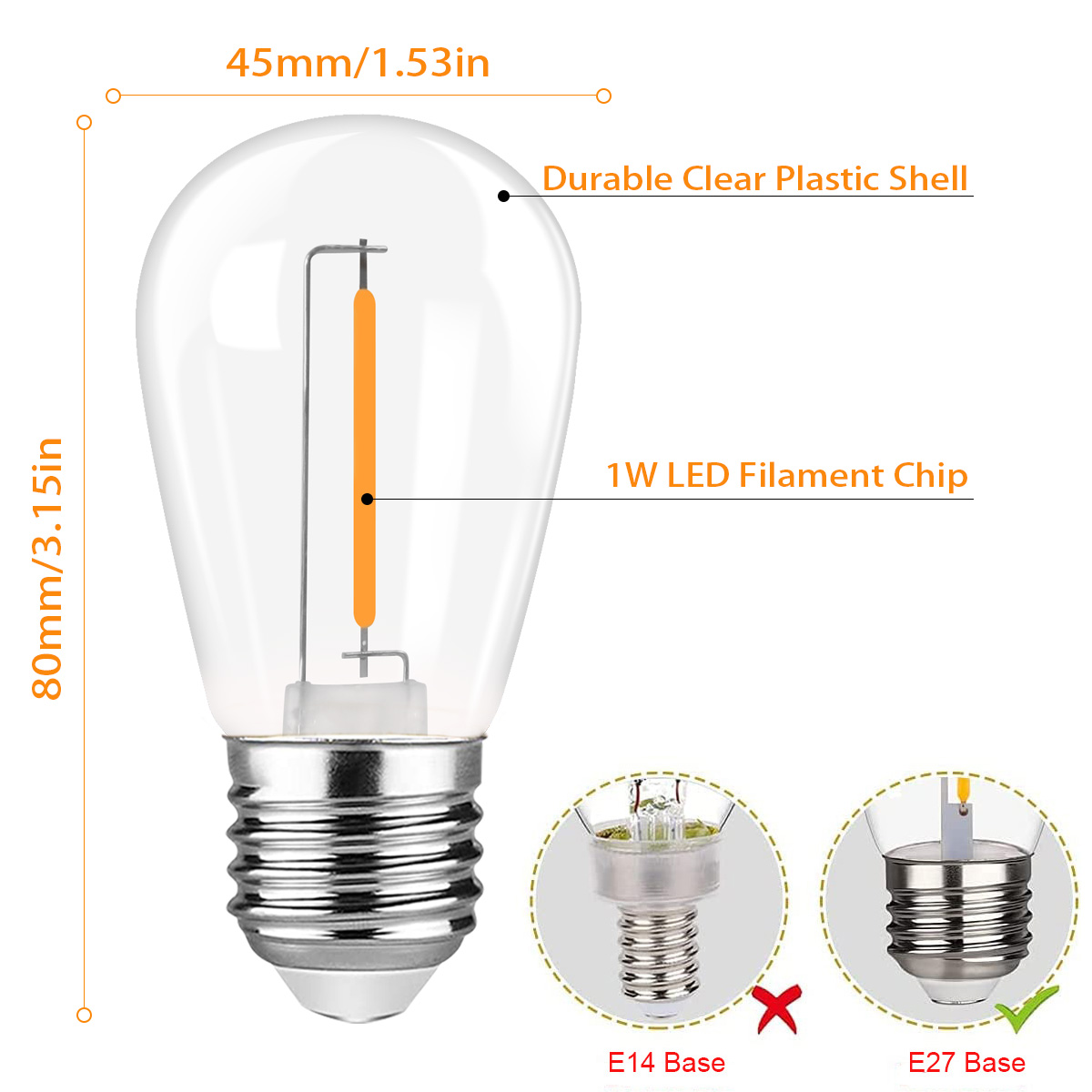 Genixgreen  s14 1w lampadine a filamento led dimmerabili 2700k st45 in plastica  ip44 luci a stringa da esterno impermeabili  e27 lampadine edison