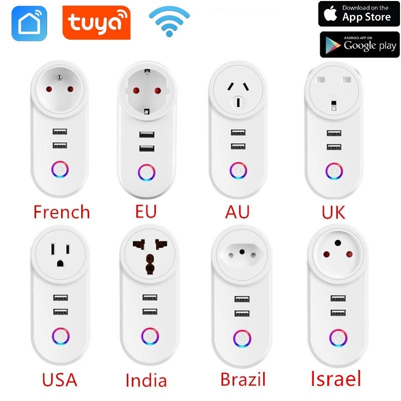 Smart Wifi Plug 16A Power Monitor Tuya APP Control Outlet 2 USB Port Smart Life Wifi Works With Alexa Google Assistant