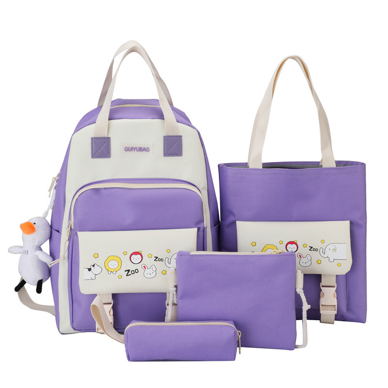 Qyahlybz 4 piece primary school student color matching bag middle school student backpack school children&#39;s girls backpacks: purple  with duck
