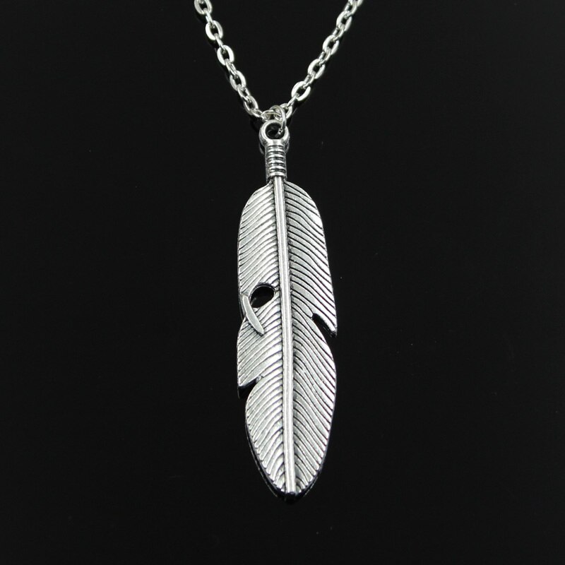 Colgante de plata antigua para mujer, cadena larga y corta con plumas, a la , Simple y clásica