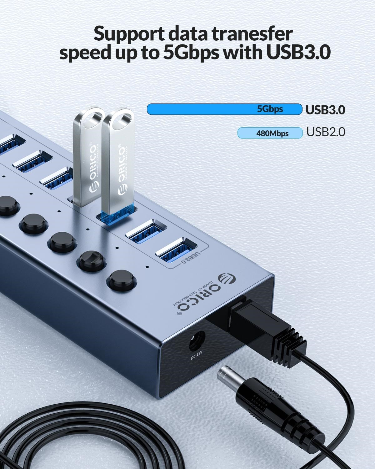 ORICO Aluminiumbetriebener USB3.0-Hub, 7/10 Häfen, USB-Verlängerung mit Schaltern, 12-V-Netzteil, unterstützt BC1.2-Ladesplitter