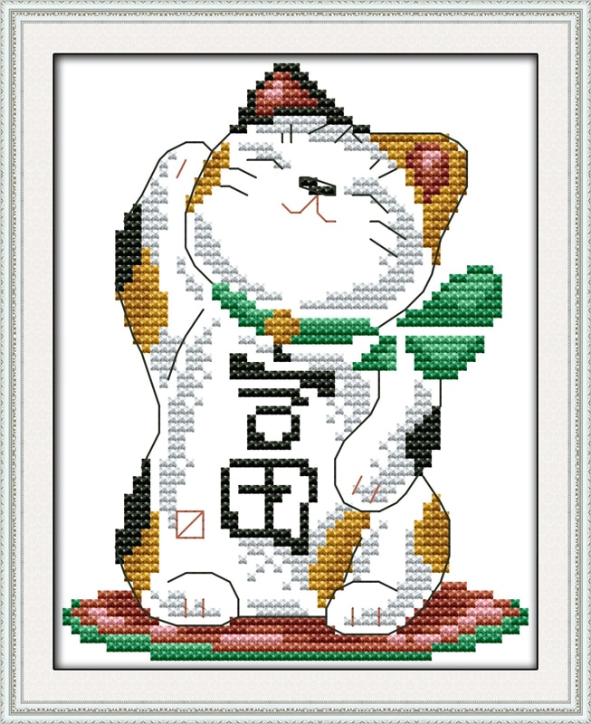 Joy sunday cartoon style Rich cat small cross stitch sampler kits stamped pattern for beginners christmas