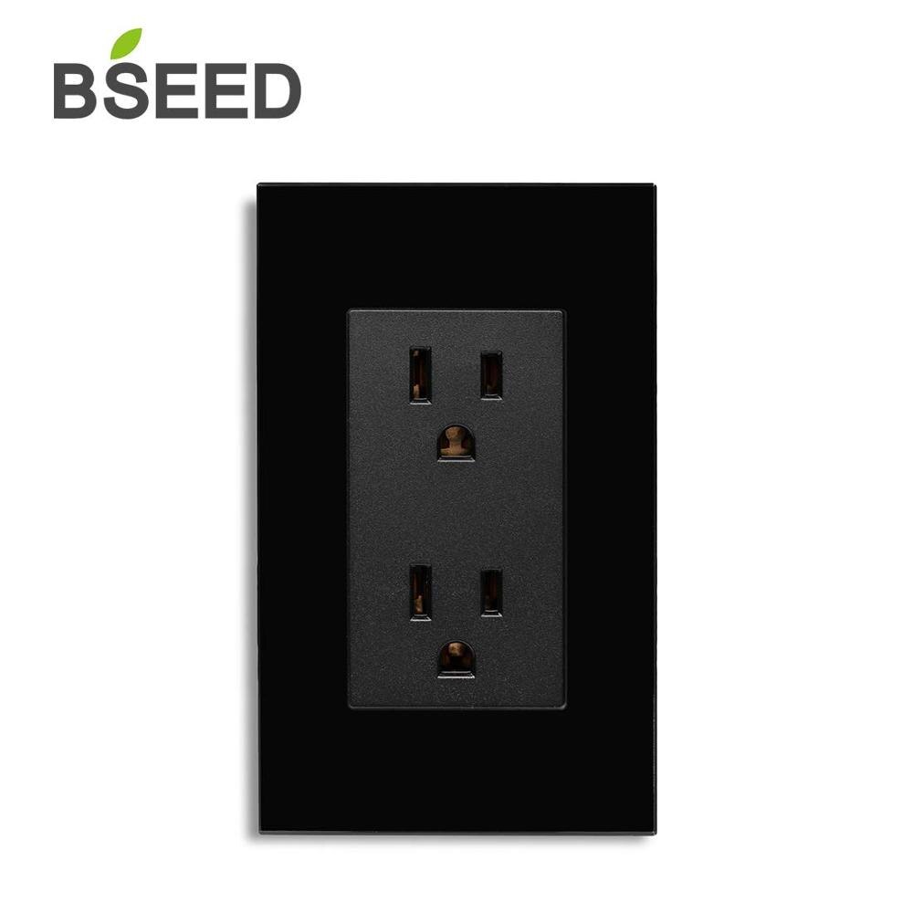 BSEED Tempered Glass Panel US Standard Vertical Duplex Receptacle Electrical Outlets Black