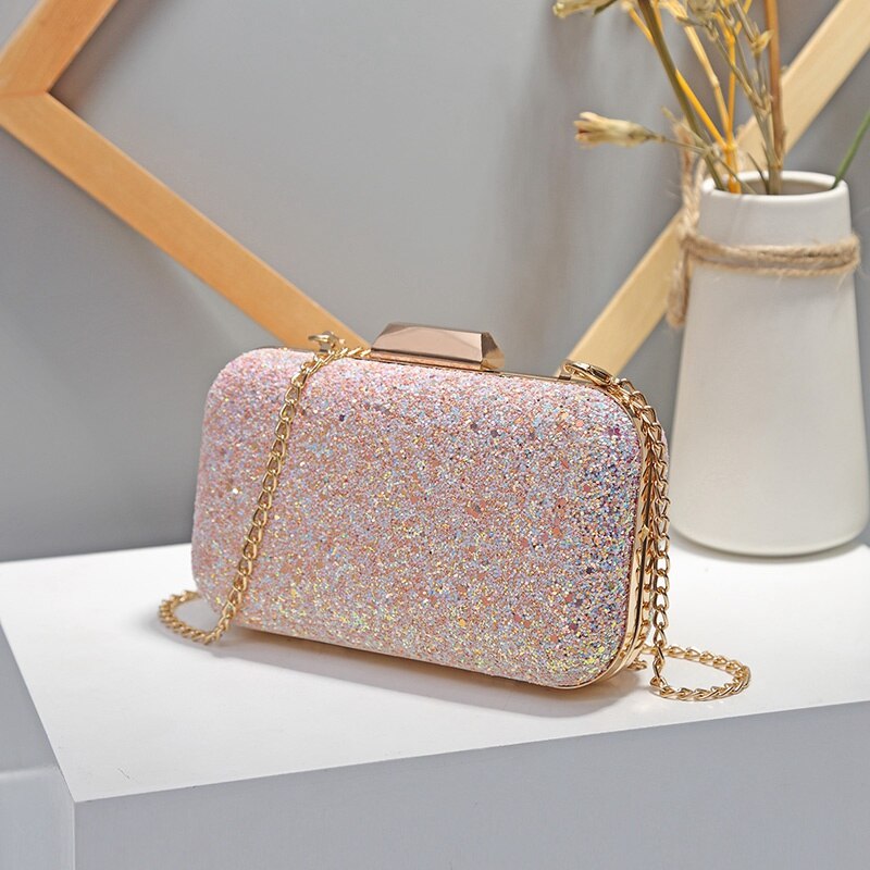 NYHED Women Wedding Ceremony Clutches Marriage Party Evening Chains Handbag Dinner Bag: Sequin pink