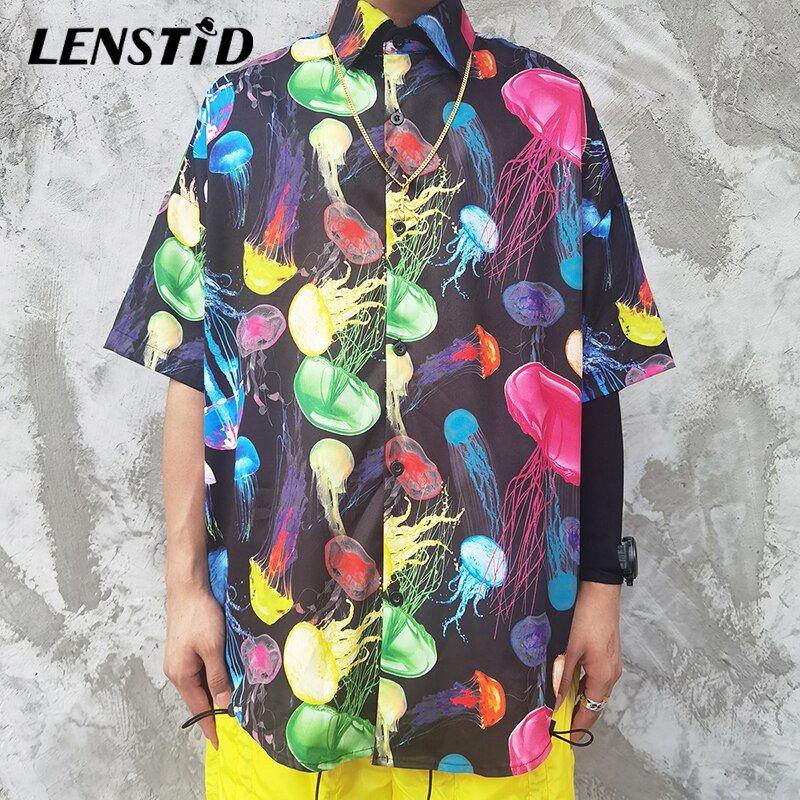 Lenstid mænd hip hop hawaiisk skjorte farverige vandmænd print harajuku streetwear strand skjorte sommer korte ærmer overdimensionerede skjorter