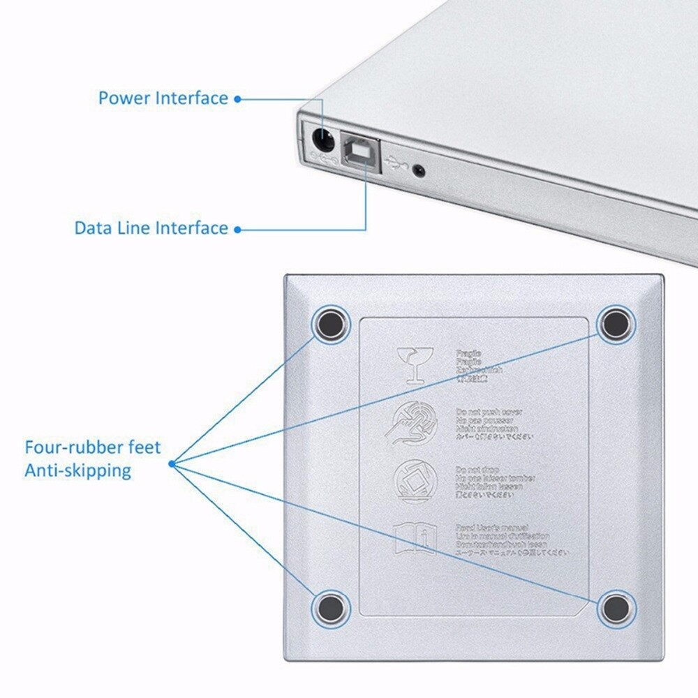 Zilveren dunne usb 2.0 dvd cd externe drive met duurzame kunststof behuizing, brander, lezer, speler, combo, schrijver en recorder voor laptop