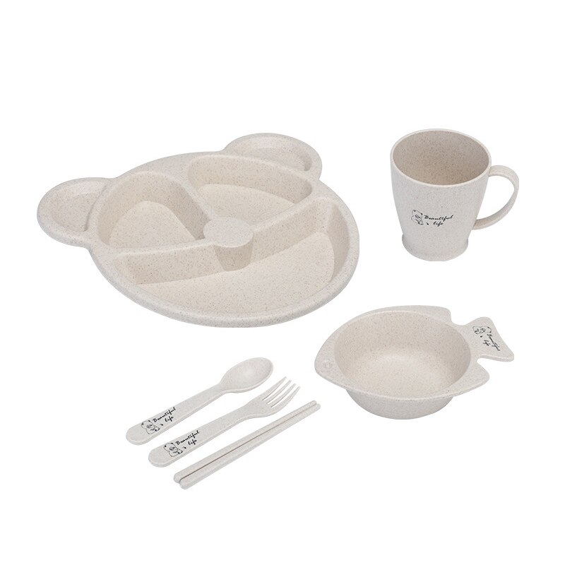 Cute Cartoon Baby Feeding Tableware Children Training Bowl With Spoon Fork Chopsticks Infant Kids Feeding Dinnerware MBG0531: 6Pcs-Beige