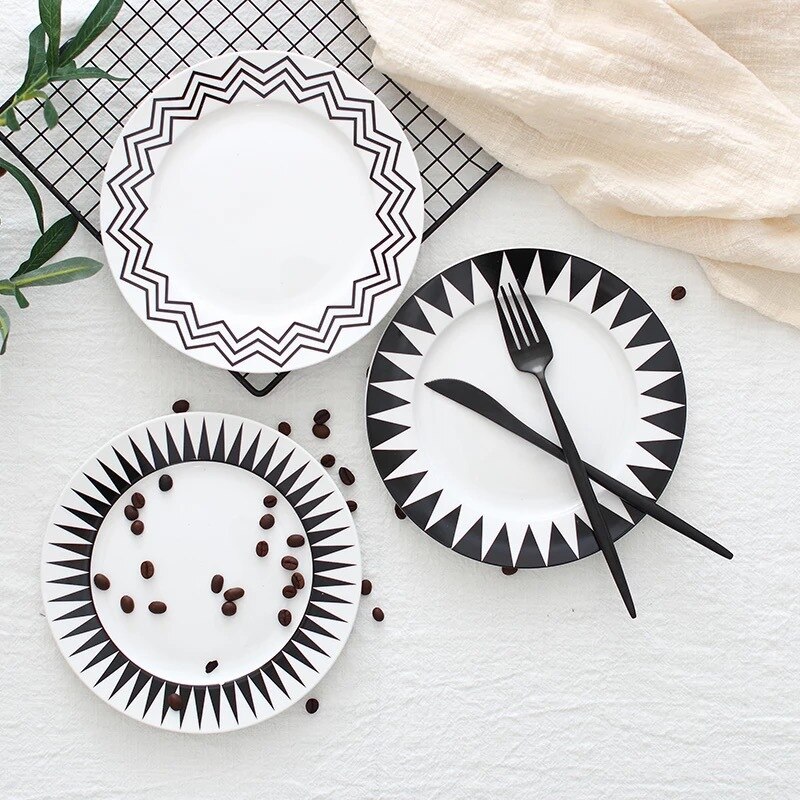 Assiette plate à figures géométriques, style simple, plat à salade, plateau à nourriture en céramique, assiette à pâtes, vaisselle, plat à petit-déjeuner, noir et blanc