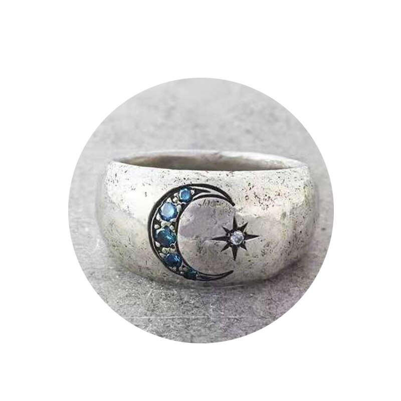 Glamour Retro Moon Star Ring Blauw Strass Dames Ring Mode Etnische Stijl Meisje Ring Sieraden