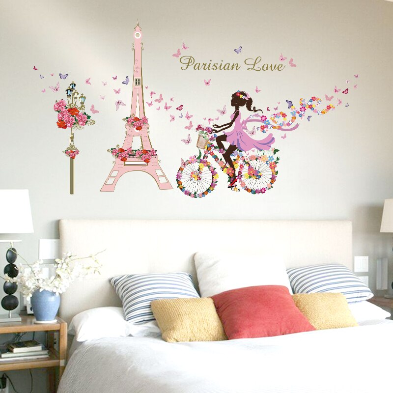 Smuk blomst fe pige cykel eiffeltårnet kærlighed sommerfugl boligindretning wallsticker piger baby børneværelse dekoration vægmalerier