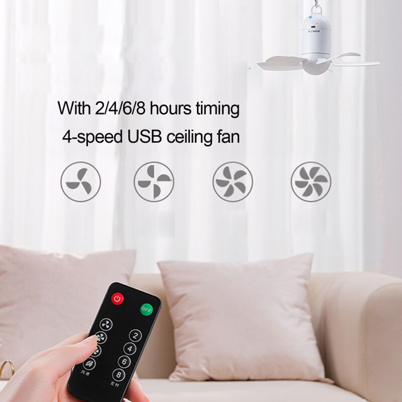 USB Powered Ceiling Fan with Remote Controller Portable Tent Hooks Hanging Fan 4 Gear Detachable for Tent Car RV Camping